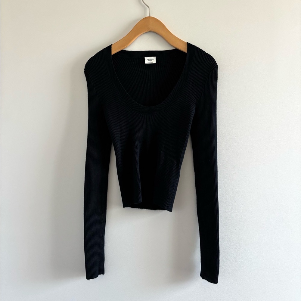 Abercrombie & Fitch Sweater Scoop Neck Long Sleeve Ribbed Black Womens XS Preppy
